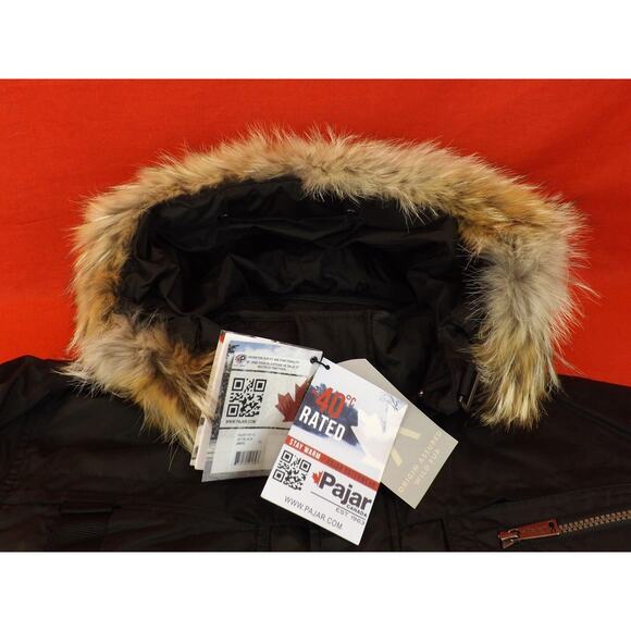 NWT PAJAR CANADA BLACK NYLON COYOTE FUR HOODIE JAMES GOOSE DOWN JACKET L - Picture 7 of 9